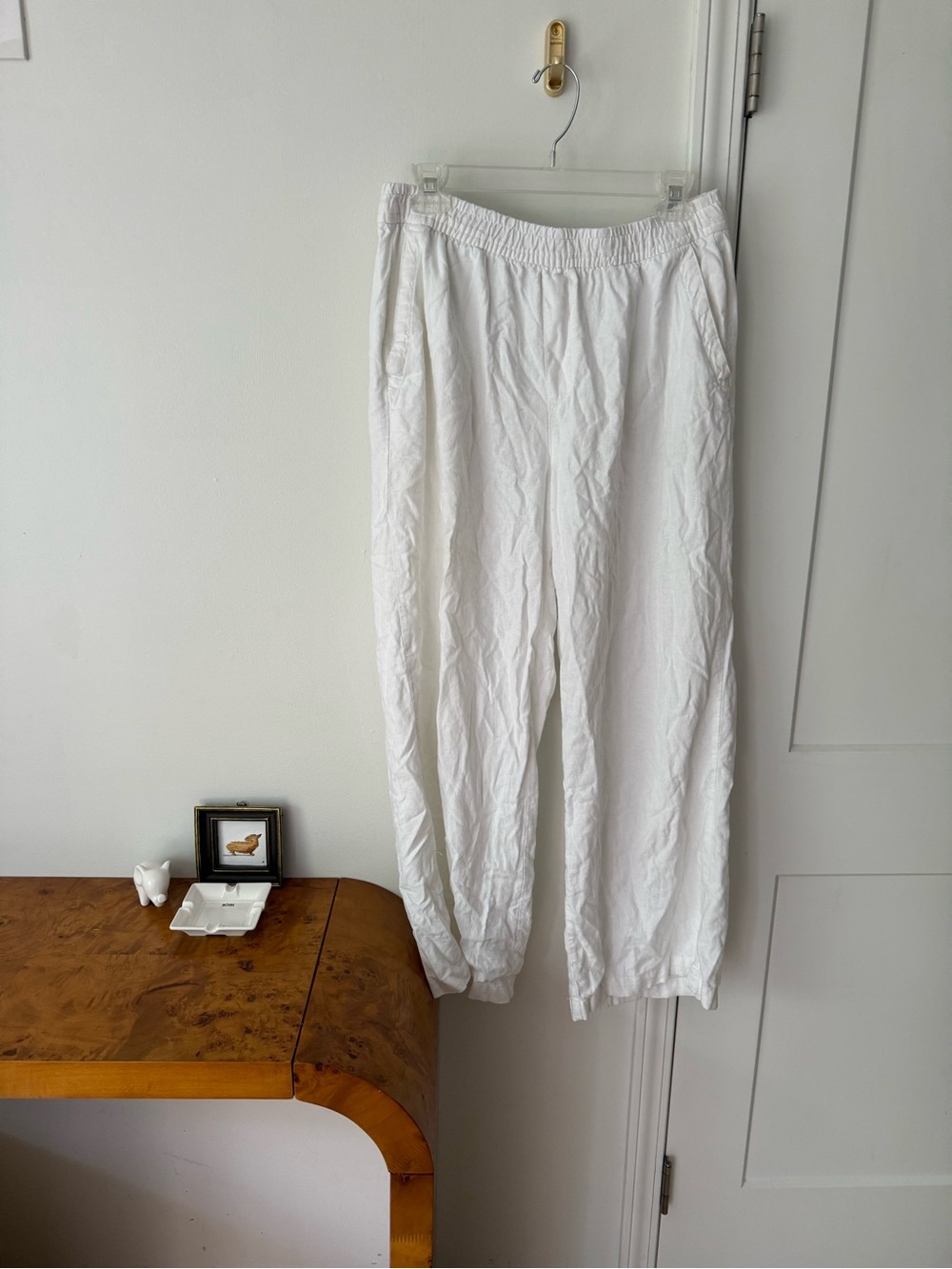 White linen blend pull on pants - not very see through- size m